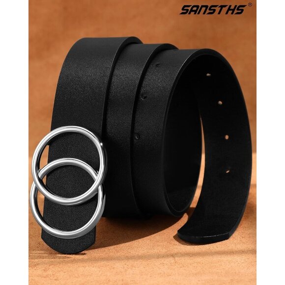 Women\'s Leather Belt Jeans Pants Fashion Waist Belt Ring Buckle Black Silver main image 4